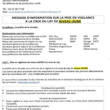 Mise en alerte à la crue du Lay de niveau jaune